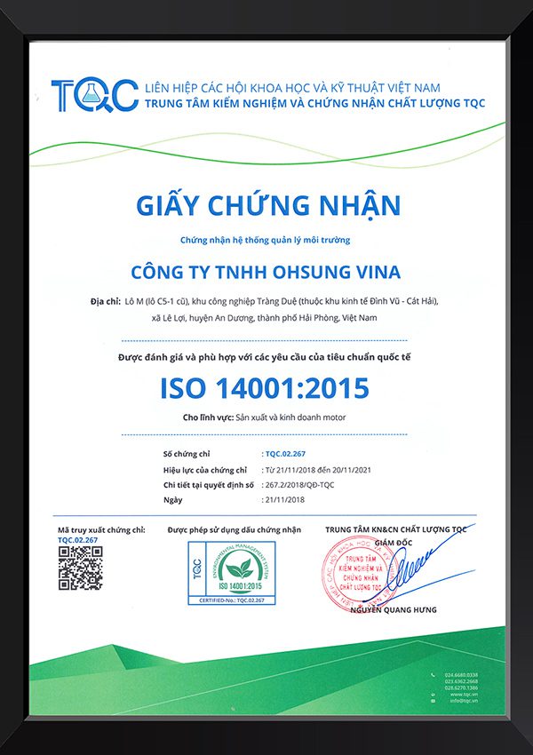 Trung tâm TQC Chứng nhận ISO 14001 cho doanh nghiệp FDI Hàn Quốc OHSUNG VINA