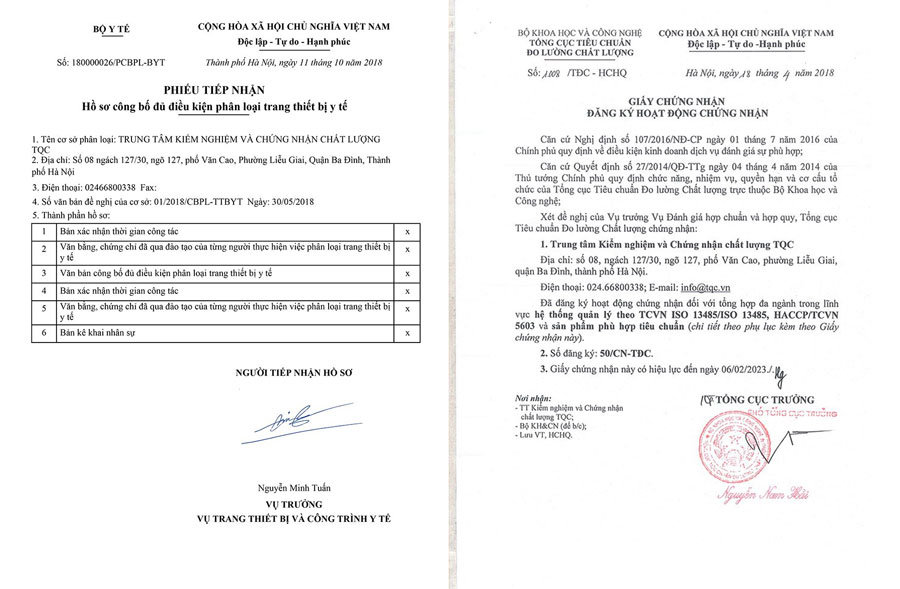 Vụ Trang thiết bị và Công trình y tế - Bộ Y tế và Tổng cục Tiêu chuẩn đo lường chất lượng – Bộ Khoa học và Công nghệ chỉ định cho TQC